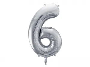 Partydeco Nummer 6 Folienballon, 86 cm, silber 34cal (FB1M-6-018)