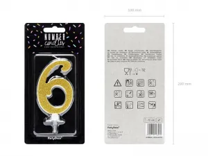Partyydeco Geburtstagskerze Nummer 6, gold, 10cm (SCU4-6-019)